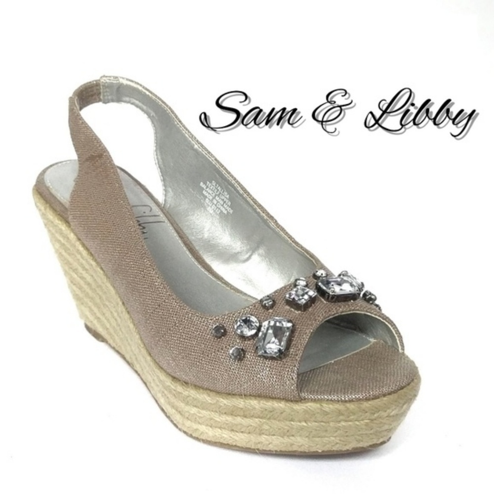 Jeweled Canvas Slingback Wedges EUC